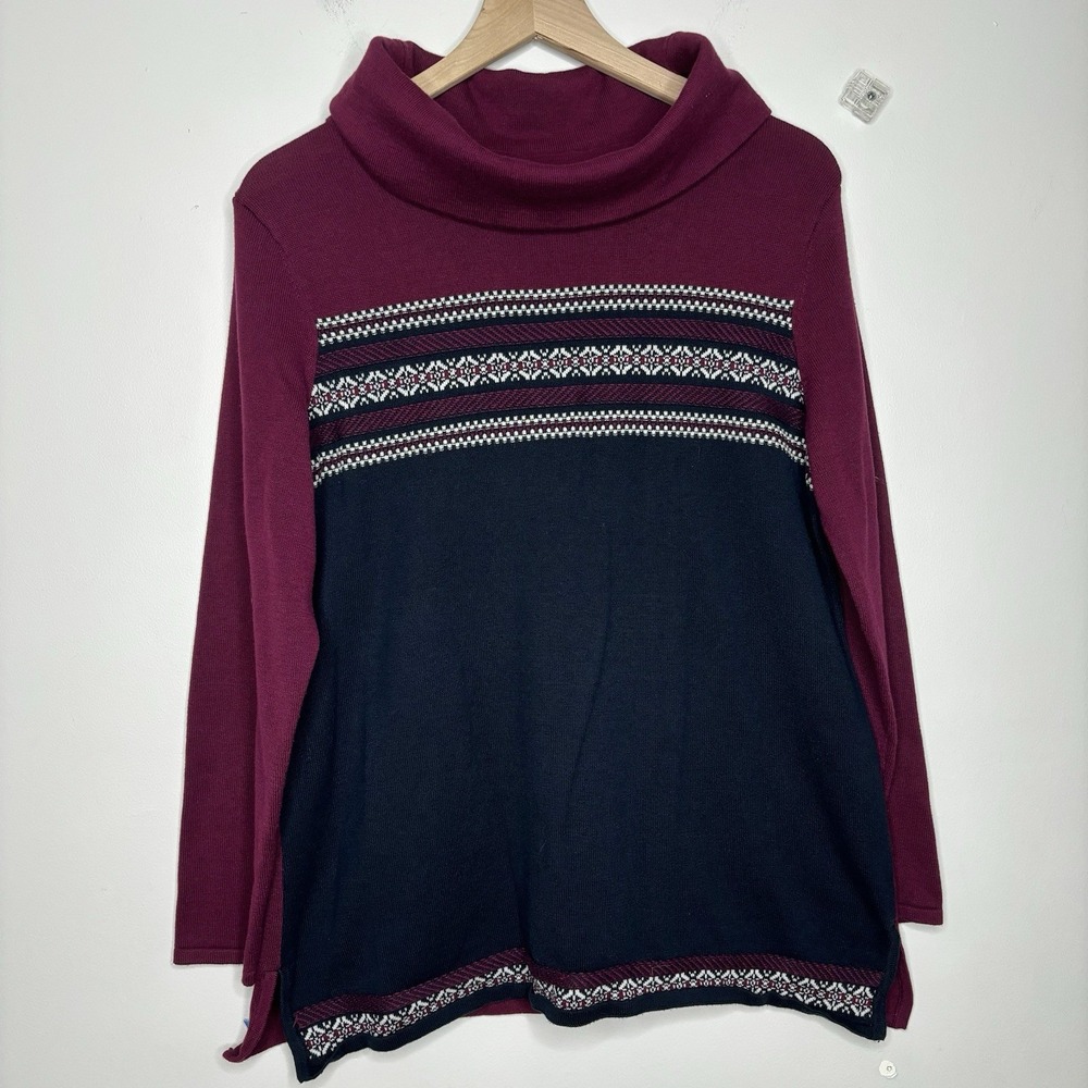 The Tog Shop Fair Isle Sweater‎ Large Classic Maroon Cowl Neck Gray Coastal Prep